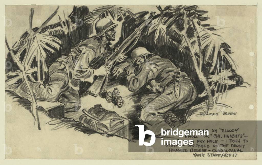 Nighttime on 'Bloody Knoll' on Guadalcanal Island. Two U.S. soldiers share a foxhole, one alert while the other sleeps. 1942 during combat in the Solomon Islands during World War 2