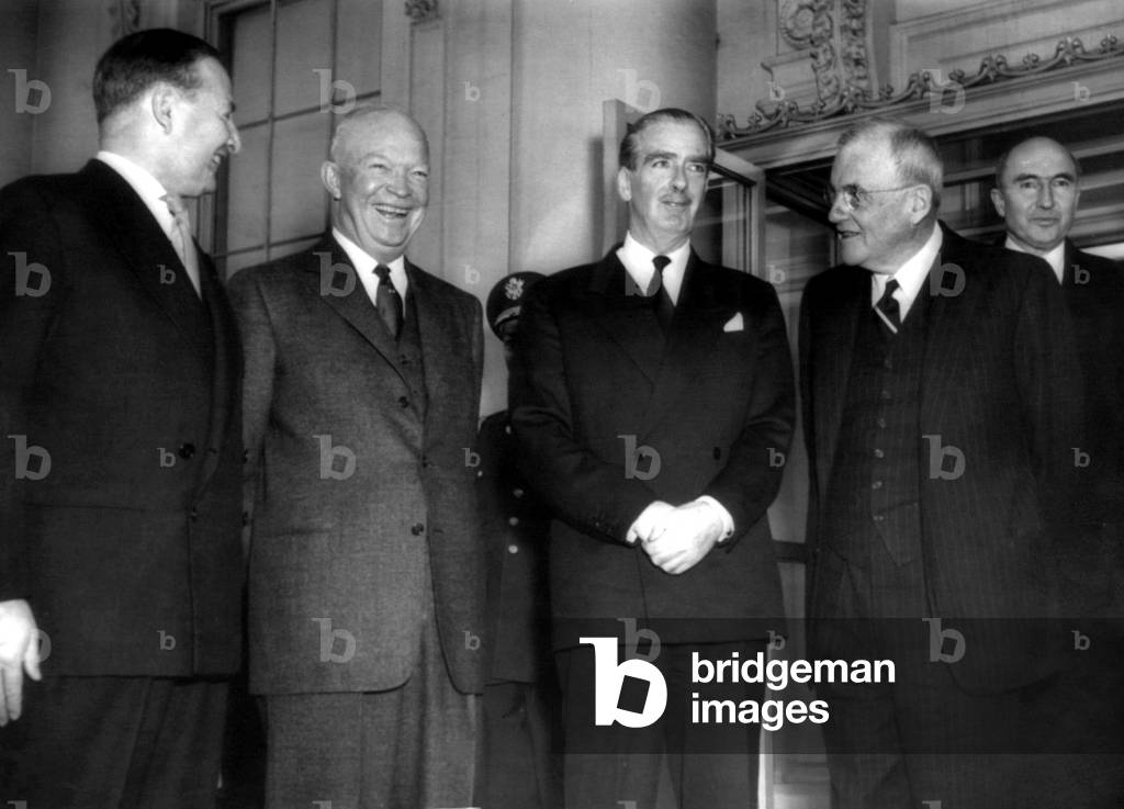 British Foreign Secretary Selwyn Lloyd, President Dwight D. Eisenhower, British Prime Minister Anthony Eden, Secretary of State Jon Foster Dulles and British Ambassador Sir Roger Makins at the White House. January 30, 1956
