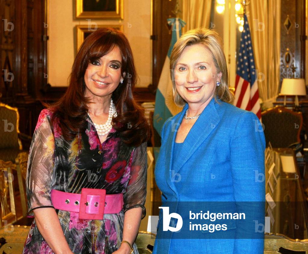 Hillary Clinton poses with Argentine President Cristina Fernandez de Kirchner in Buenos Aires Argentina. Both women served as their countries First Ladies during their husbands' presidencies. March 1 2010. (BSWH_2011_8_28)