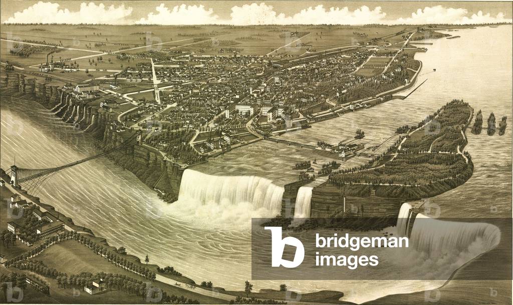 Niagara Falls, with factories using the River's hydroelectric potential, and river water flowing from manmade channels in the Niagara Gorge walls. 1882