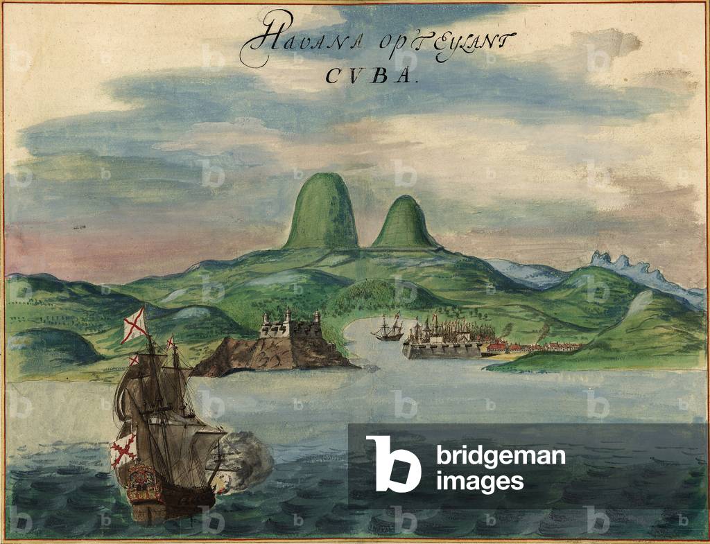 View of Havana, Cuba in 1639, including buildings, ships, and fortifications
