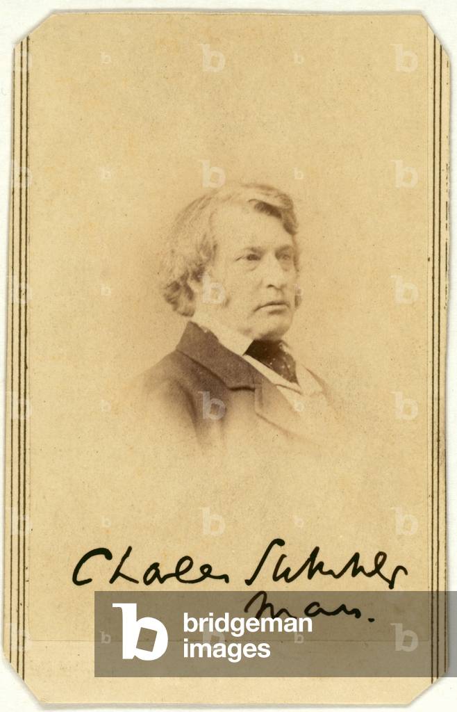 Senator Charles Sumner, carte de visite by Alexander Gardner, signed by Sumner c. 1862 - 1865. Mathhew Brady Studio