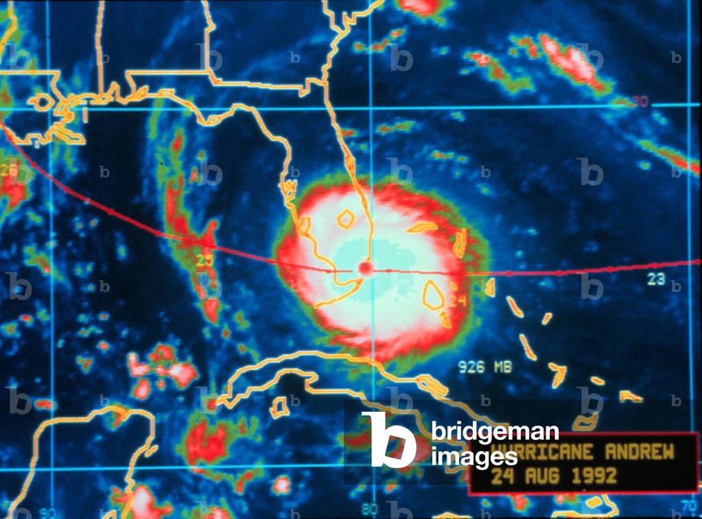 Infrared image of Hurricane Andrew crossing the Florida coast and making landfall on August 24 1992 at Dade County Florida