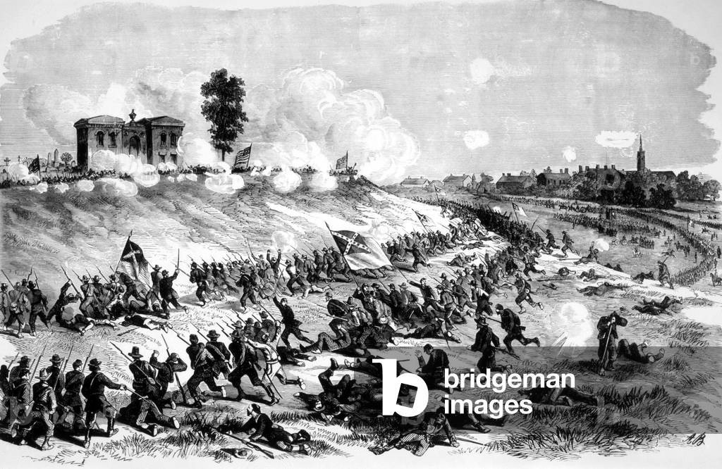 Bataille de Gettysburg: The Battle of Gettysburg, the charge of the Confederates on Cemetery Ridge, July 2, 1863, from Leslie's Weekly
