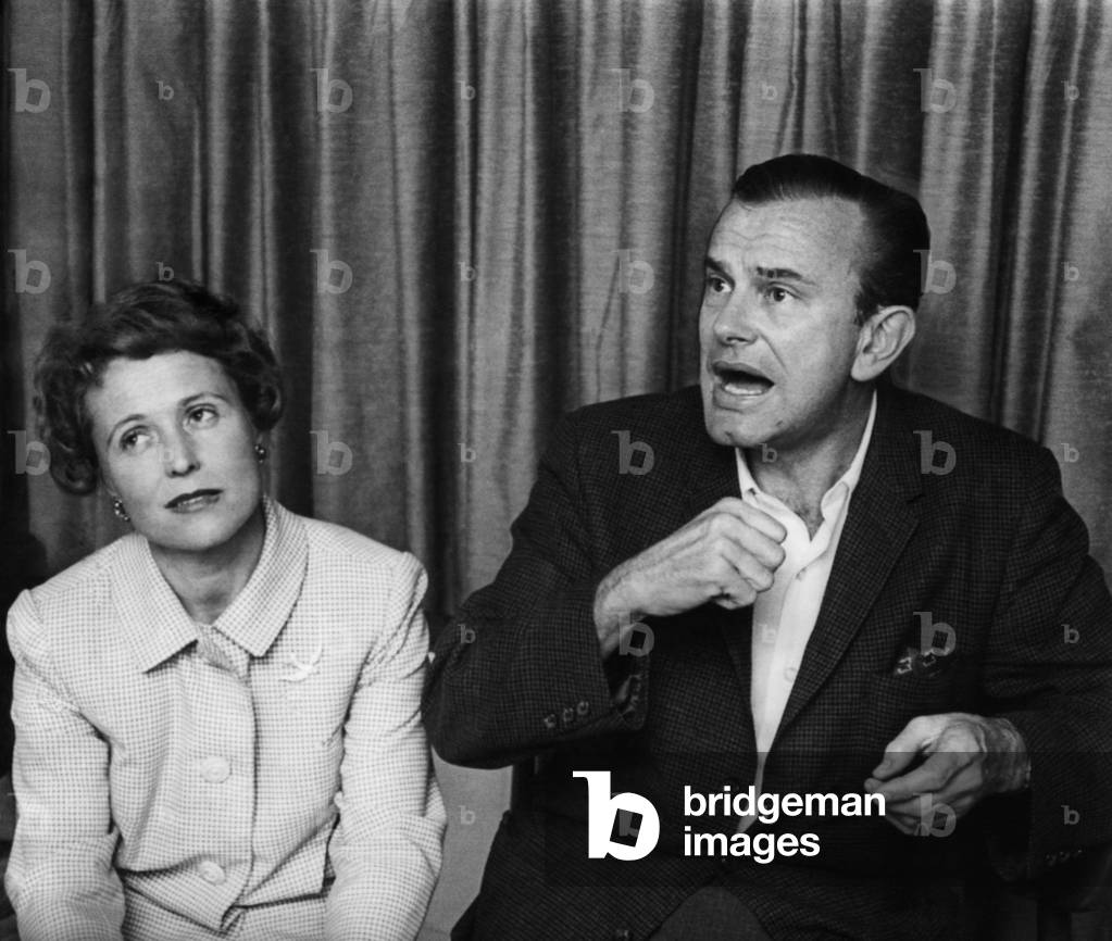 Jack Paar (right), and his wife, Miriam Wagner, as Paar decides to reconcile with NBC after a dispute, West Palm Beach, Florida, February 17, 1960