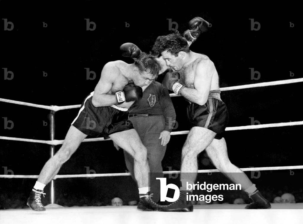 Marcel Cerdan, french boxer, fighting with Anton Raadik in Chicago october 31, 1947 (b/w photo)