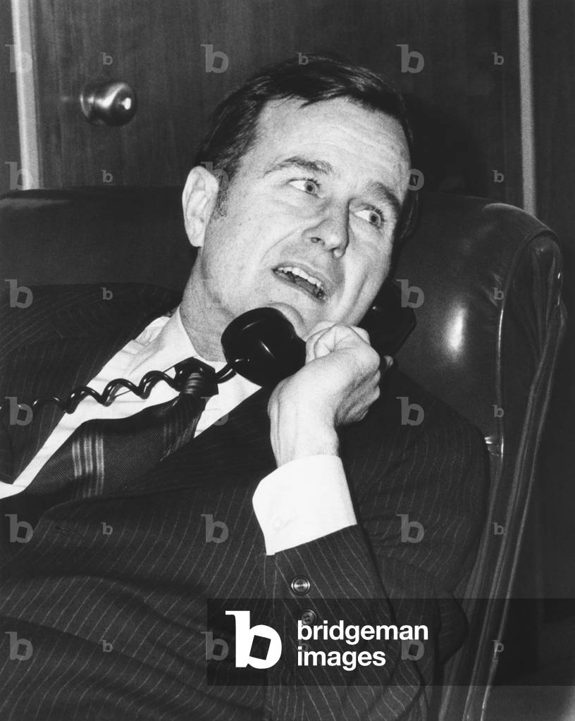 Ambassador George Bush on the phone with UN Secretary General Kurt Waldheim. Dec. 19, 1972, when the U.S. resumed bombing in Hanoi during a stalemate in the Paris Peace Talks to end the Vietnam War