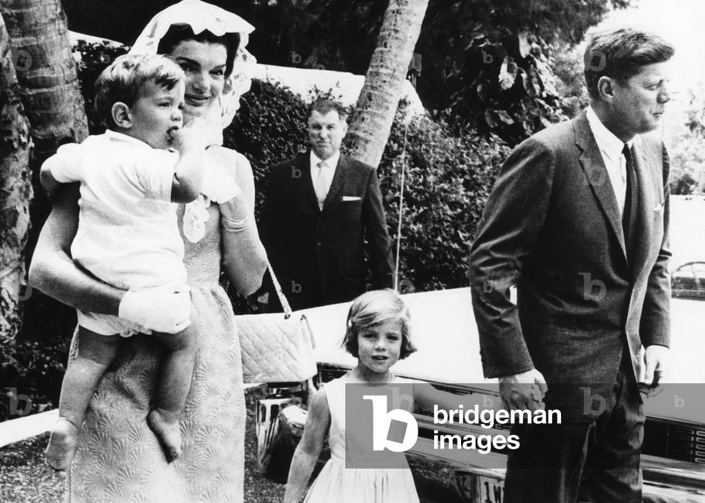 Jacqueline Kennedy holding John F. Kennedy Jr., Caroline Kennedy, John F. Kennedy, Palm Beach, Florida, April, 1962