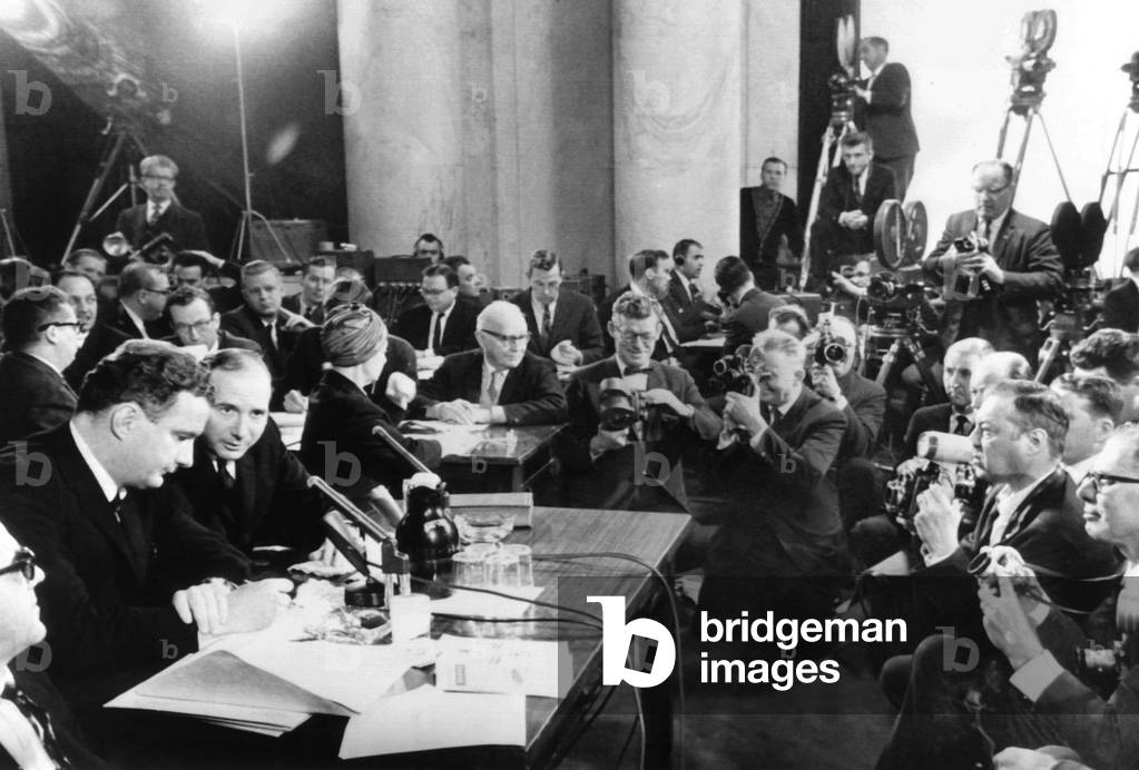 Former Senate aide Bobby Baker (2nd from left) before the Senate Rules Committee. Feb. 25, 1964. He was questioned about his complex business dealings. Baker refused to testify or turn over his subpoenaed records to the committee