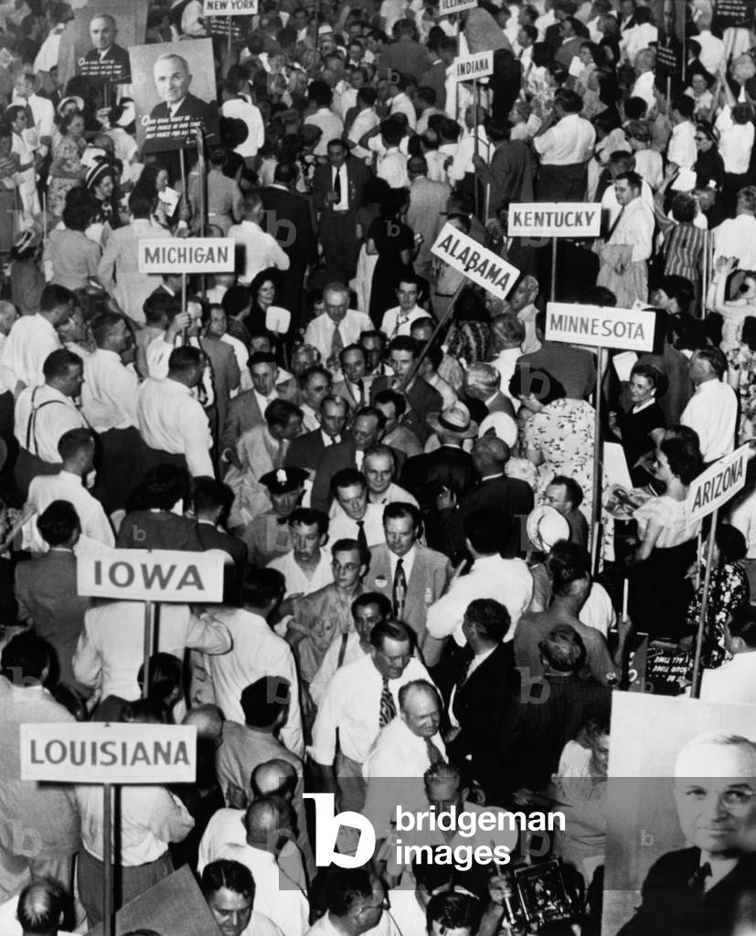Truman Presidency. Alabama delegates walk out of the Democratic National Convention upon the convention's adoption of a strong civil rights platform, Philadelphia, Pennsylvania, 1948