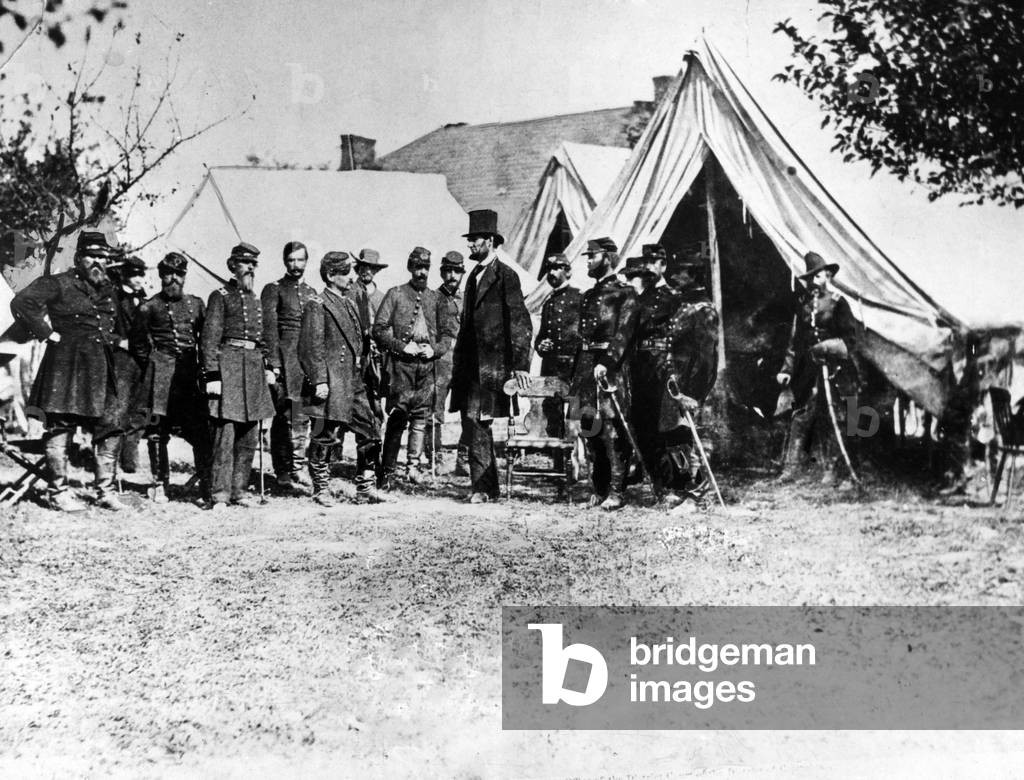 Abraham Lincoln at Antietam, (l-r) Col. Alexander S. Webb, Gen. George B. McClellan, Scout Adams, Dr. Jonathan Letterman, OCtober 3, 1862.