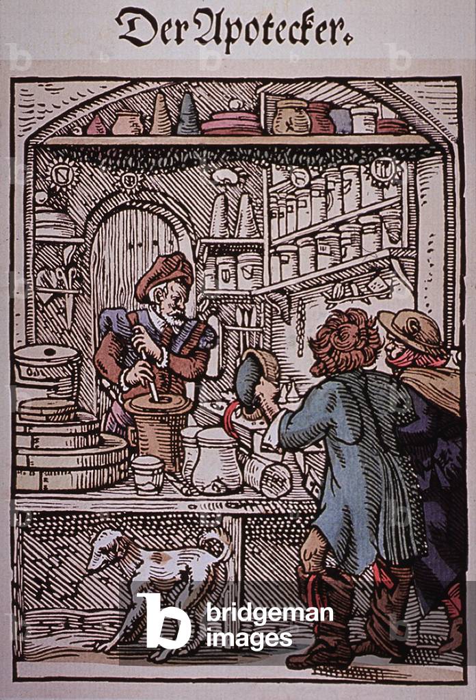 The Apothecary. Two men approach a pharmacy as the druggist makes medications. 16th century German woodcut by Jost Amman
