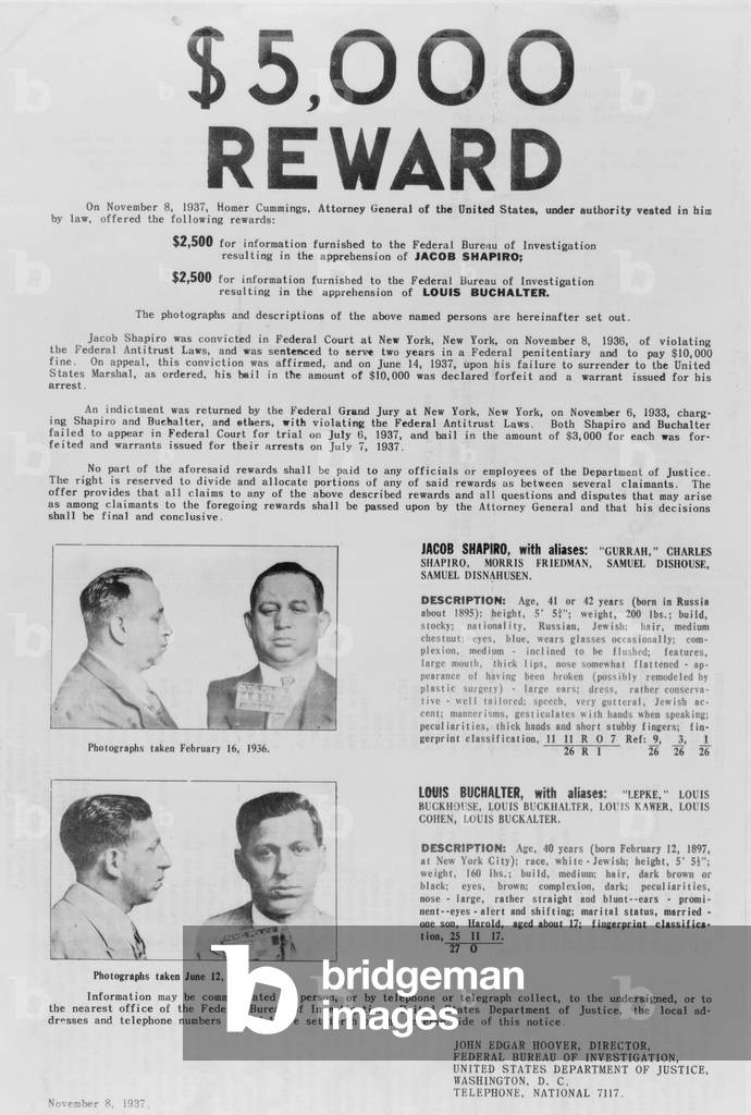 $5,000 Reward, Jacob 'Gurrah' Shapiro and Louis 'Lepke' Buchalter, 1937 (poster)