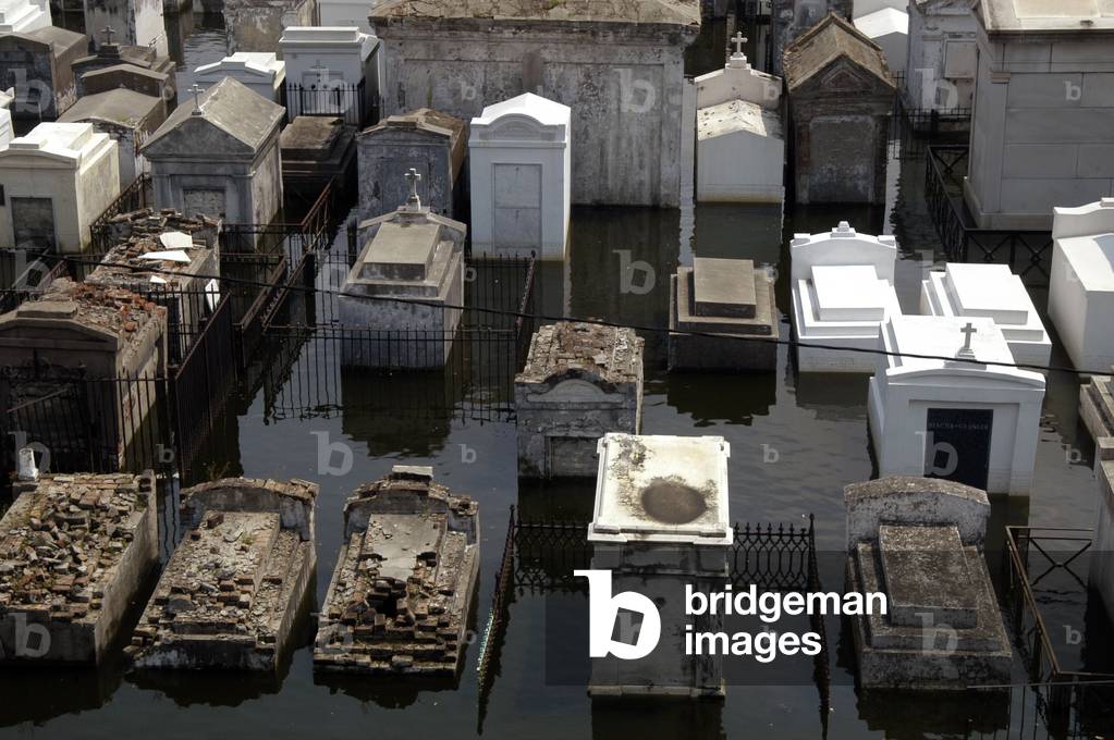 A New Orleans cemetery is swamped with floodwaters from Hurricane Katrina. The cemeteries are above ground due to the high water table. Sept. 5 2005
