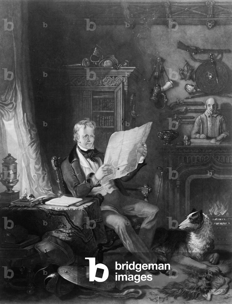 Sir Walter Scott (1771-1832), Scottish writer in his study at Abbotsford, surrounded by historical weapons, portraits, and statues related to the subjects of his novels