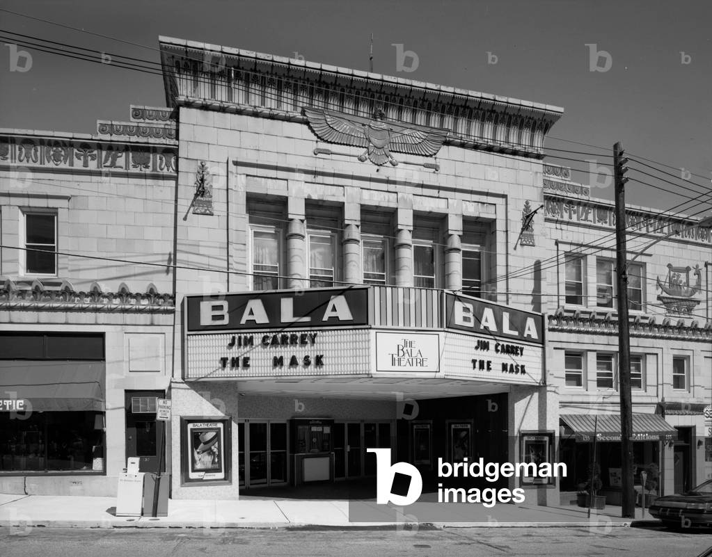 The Egyptian Theater: Movie Theaters, The Egyptian Theater, showing THE MASK, 157 Bala Avenue, Bala-Cynwyd, Pennsylvania, circa 1994.