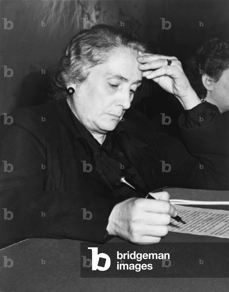 Dolores Ibarruri, at the Women's International Congress in Paris, Dec. 11, 1945. She was a leading Republican during the Spanish Civil War and a Communist politician of Basque origin. She Recently returned from the Soviet Union where she lived during WW2.