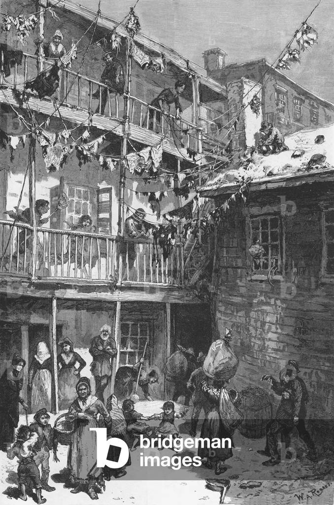 Rag Picker's court, Mulberry Street, 1879. Many poor immigrants started at the bottom of the economic ladder, as rag pickers, who collected useable refuse for reprocessing, essentially recycling in an economy of scarcity. At lower right men carry bundles collected rags. Above, laundered rags are hung out to dry after cleaning