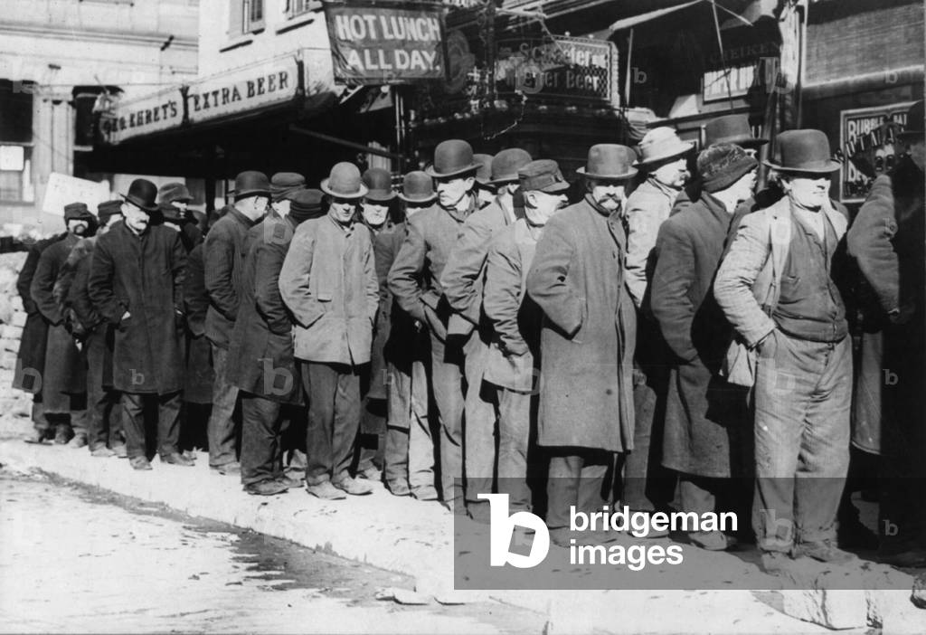 New York City, the Bowery, men waiting for bread in bread line, photograph, February 7, 1910
