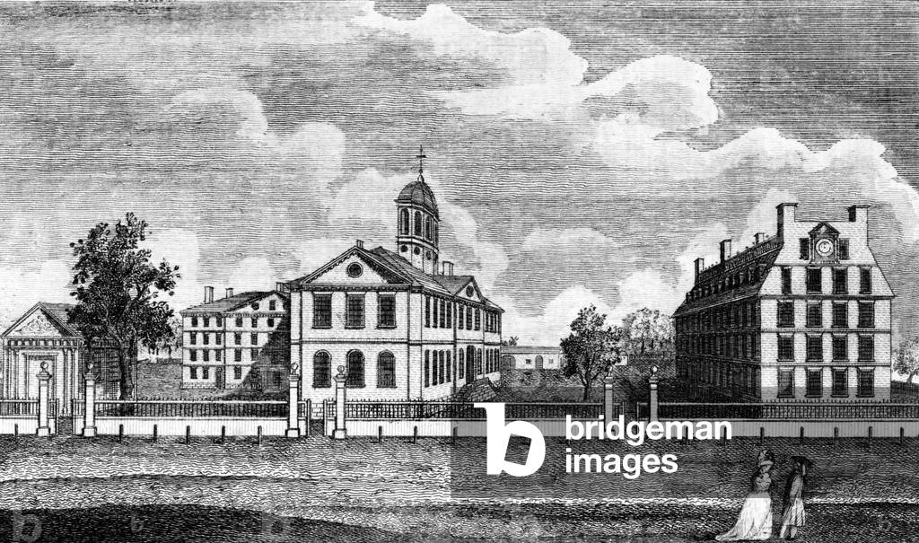 Harvard College, c. 1767. From left are Holden Chapel, Hollis Hall, Harvard Hall, Stoughton Hall, and Massachusetts Hall. Engraved by Paul Revere from a drawing by Joseph Chadwick. etching, 1790