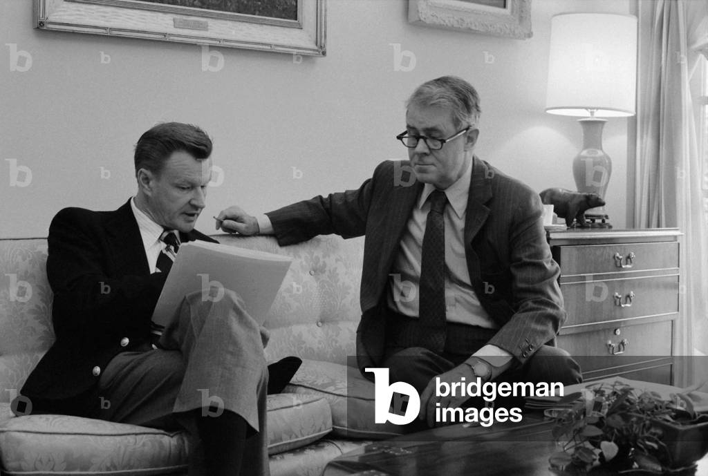 Zbigniew Brzezinski b. 1928 National Security Advisor and Secretary of State Cyrus Vance 1917-2002 in a White House conference. c. 1977-1980