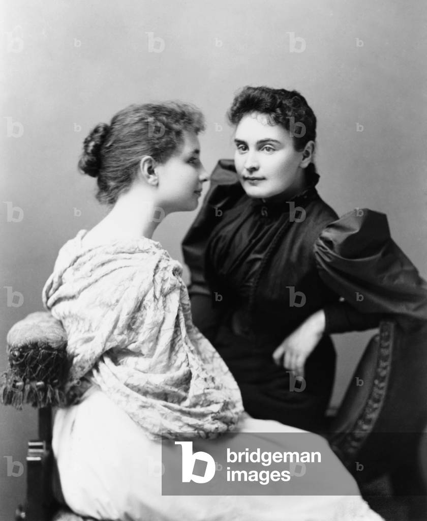 Helen Keller (1880-1968), at left, with her teacher and companion, Anne Sullivan in 1893. Patty Duke and Anne Bancroft portrayed Keller and Sullivan in the stage and film versions of THE MIRACLE WORKER (1959-1962)