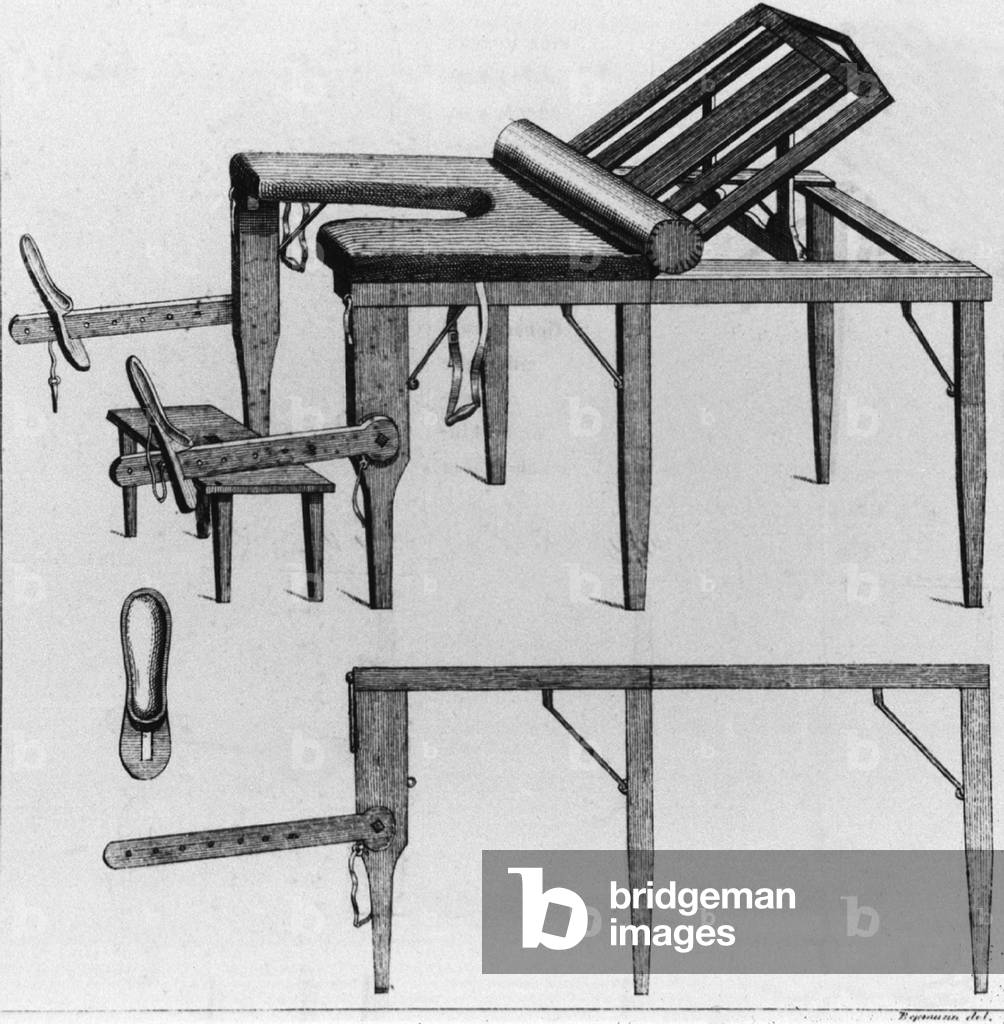 A wooden birthing table with adjustable back and leg supports, an opening in the seat, and a foot stool. Illustration in a text by German obstetrician, Friedrich Benjamin Osiander (17591822)