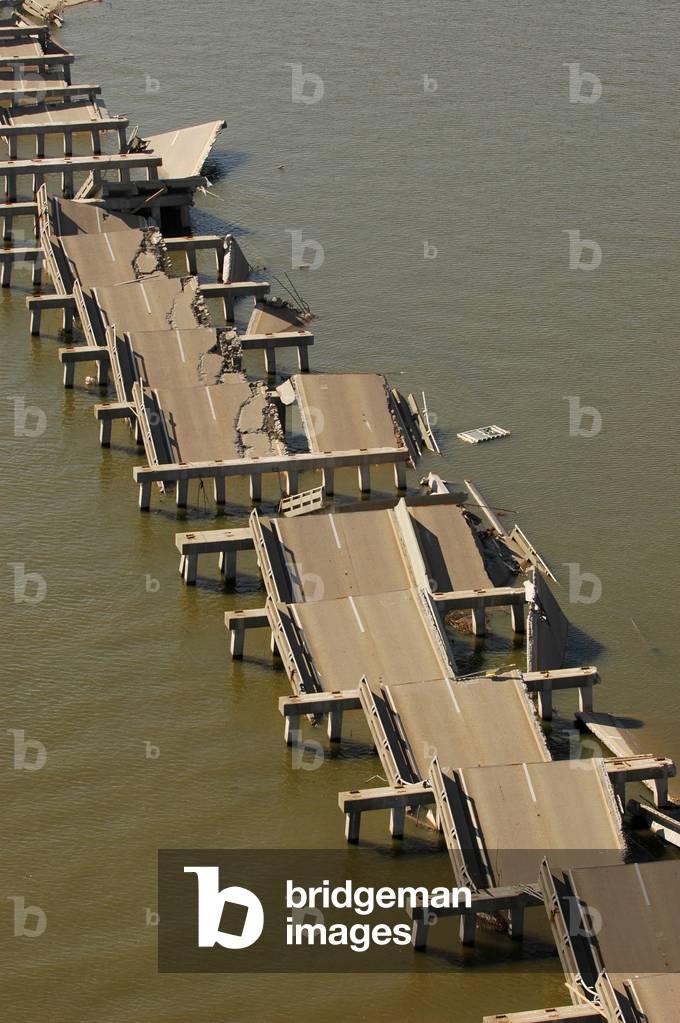 Hurricane Katrina destroyed this section of a Mississippi gulf coast Highway I-90 bridge connecting Pass Christian near Gulfport to Bay St. Louis. Oct. 4 2005