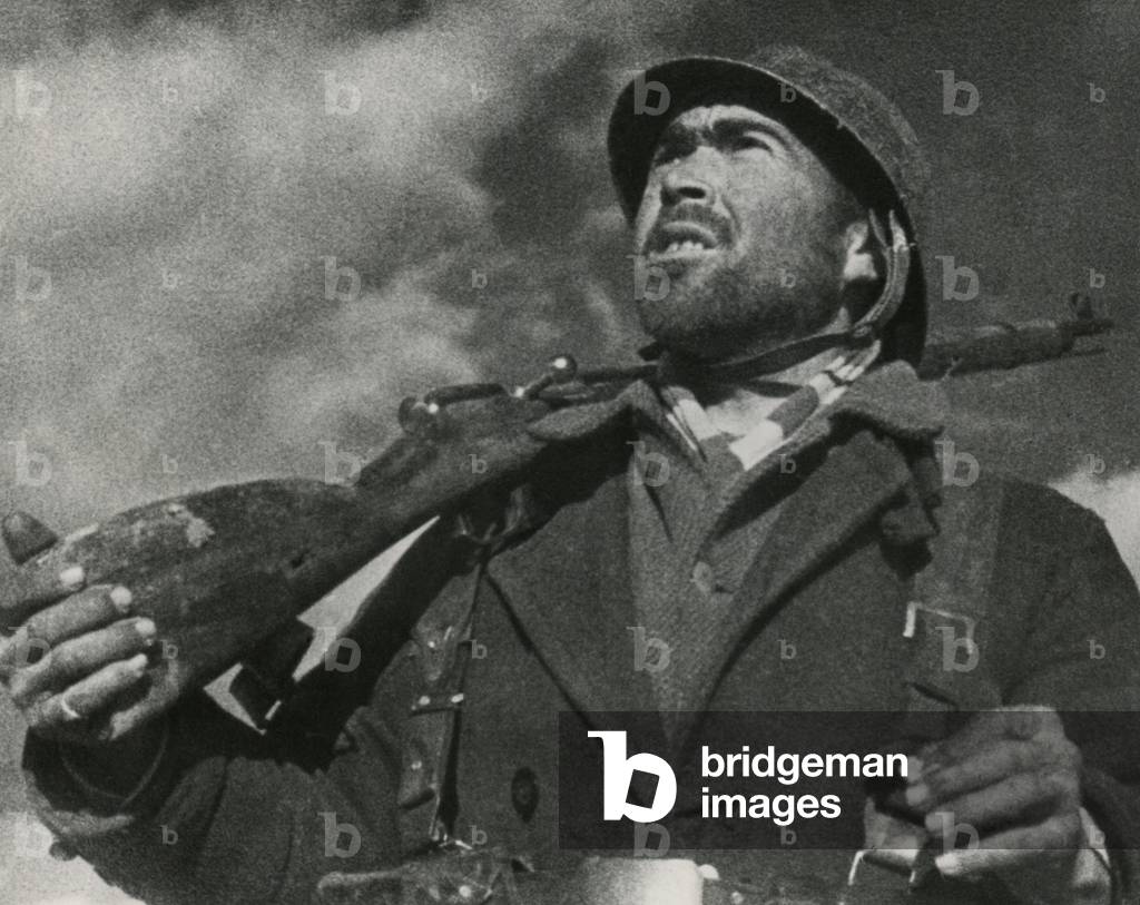 On the Guadalajara front, a soldier looks out for airplanes. It is not known for which side he fought. April 1937. Spanish Civil War, 1936-1939