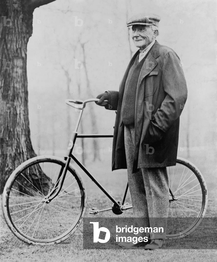 John D. Rockefeller 1939-1937 with his bicycle after his retirement. 1913 photo