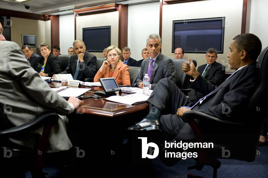 President Obama holds a meeting after the attempted car bombing in Times Square in the Situation Room of the White House May 4 2010. L to R at the table National Security Advisor Gen. James Jones CIA Director Leon Panetta Homeland Security Secretary (BSWH_2011_8_63)