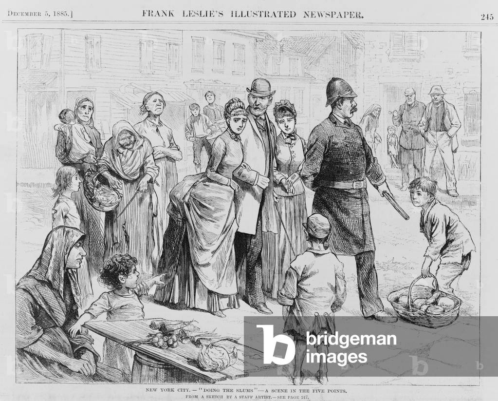 DOING THE SLUMS. A policeman leading three well dressed upper class people through the Five Points neighborhood of New York City. 1885 wood engraving