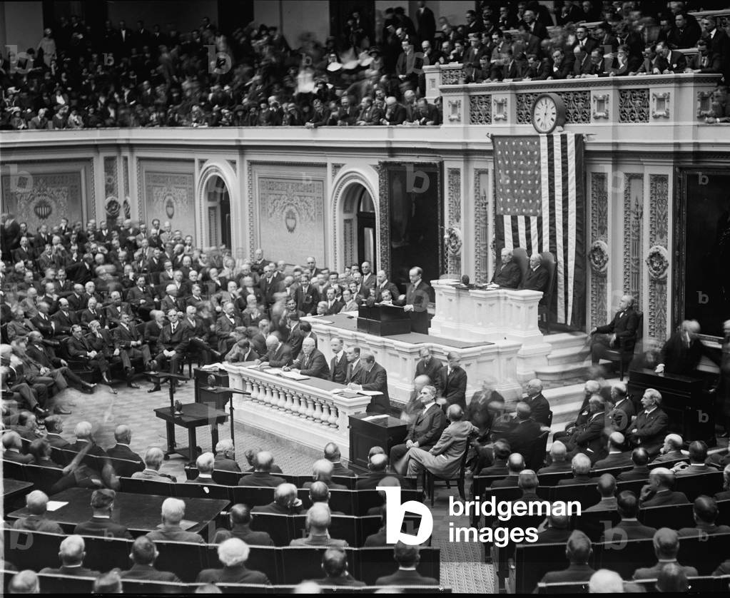 President Calvin Coolidge (1872-33) delivering his first message to Congress on Dec. 6, 1923, after his ascension of the Presidency following the death of Warren Harding earlier that year