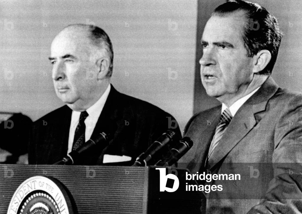 Attorney General John Mitchell and President Richard Nixon at a press conference during which Nixon declared Charles Manson guilty while Manson was still on trial. June 3, 1970.
