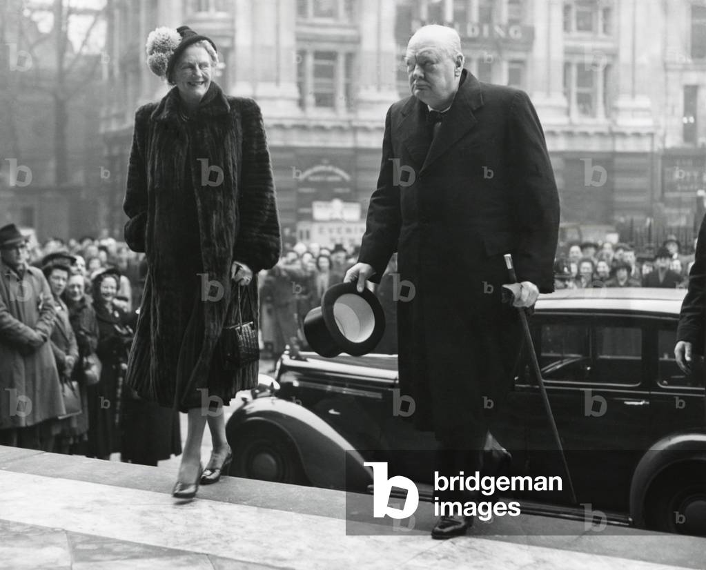 Winston Churchill, with his wife Clementine enter St. Paul's Cathedral. They were attending a first ever, pre-election Church of England religious service before the General Election. Feb. 19, 1950.