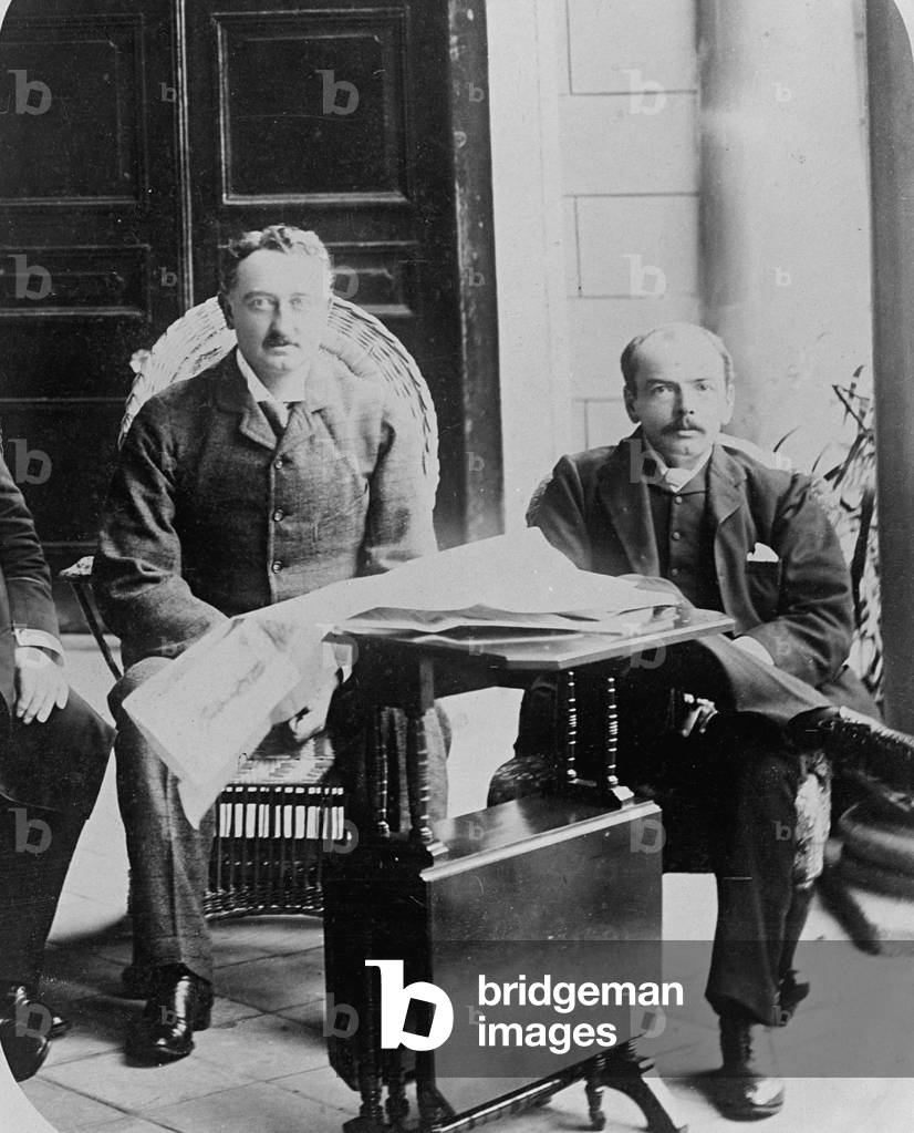 Cecil Rhodes (1853-1902) with English Empire builder used his financial prowess to build industries exploiting African resources and entrenching British power in Southern Afric. Rhodes, at left, is with W. Pomeroy in an undated photograph