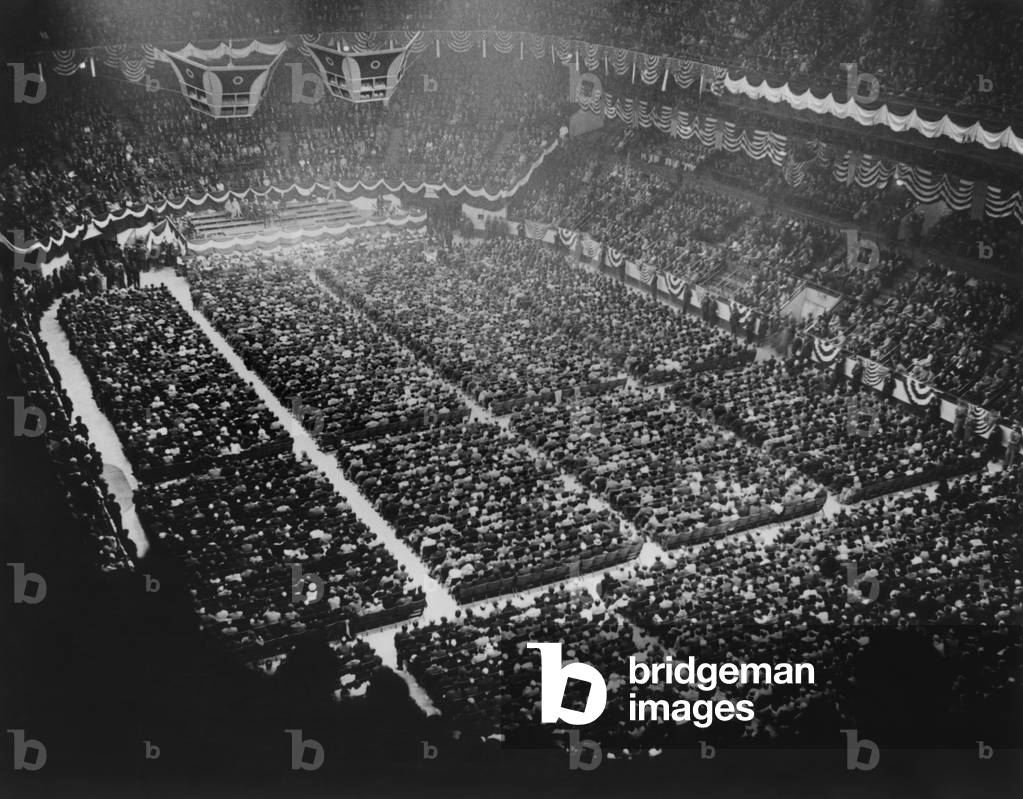 Father Coughlan spoke to a crowd of 17,000 in Madison Square Garden, New York. May 22, 1935. He appealed to union men to join his National Union for Social Justice