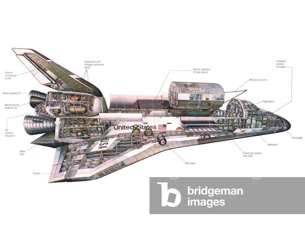Cut-away diagram of the space shuttle. Diagram shows the pressurized crew compartment, the cargo bay, and the three main engines. 1980