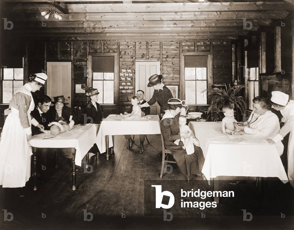 A well baby clinic in Framingham, Massachusetts, provided medical examinations to babies. c. 1920