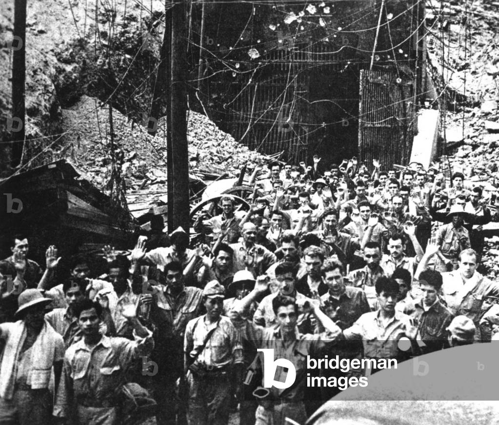 American and Filipinos soldiers and sailors surrendering to Japanese forces at Corregidor. World War 2, May 1942
