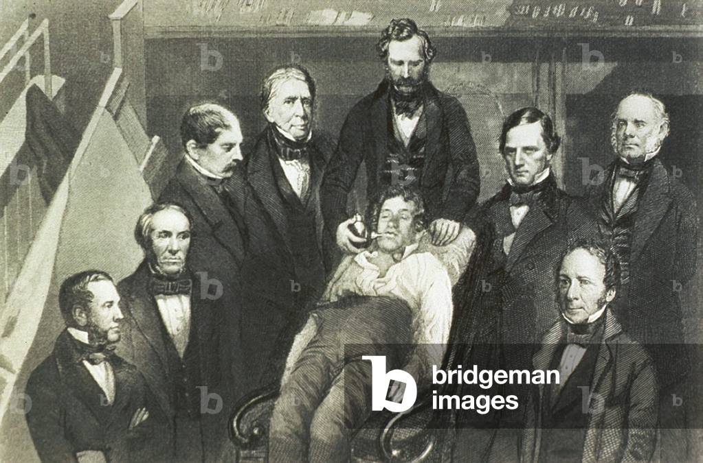 Dr. William T.G. Morton administering ether to a patient, Gilbert Abbott, who will undergo surgery for a tumor in the neck at Massachusetts General Hospital on October 16, 1846