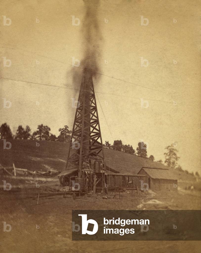 Gusher spewing oil from top of a derrick at the Lady Hunter Well near Petrolia City, Pennsylvania. c. 1880