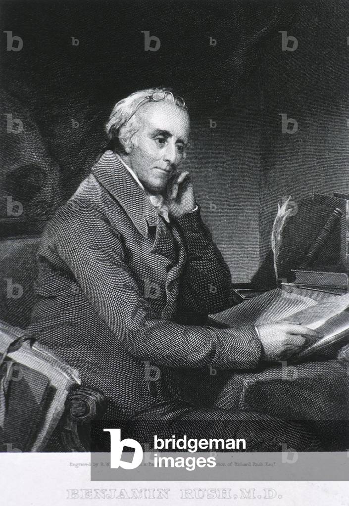 Benjamin Rush (1745-1813), eminent American doctor and politician. While he practiced primitive treatments such as aggressive bloodletting, his book on psychology, DISEASES OF THE MIND, was advanced for its time. Portrait engraving after Thomas Sully. c. 1810