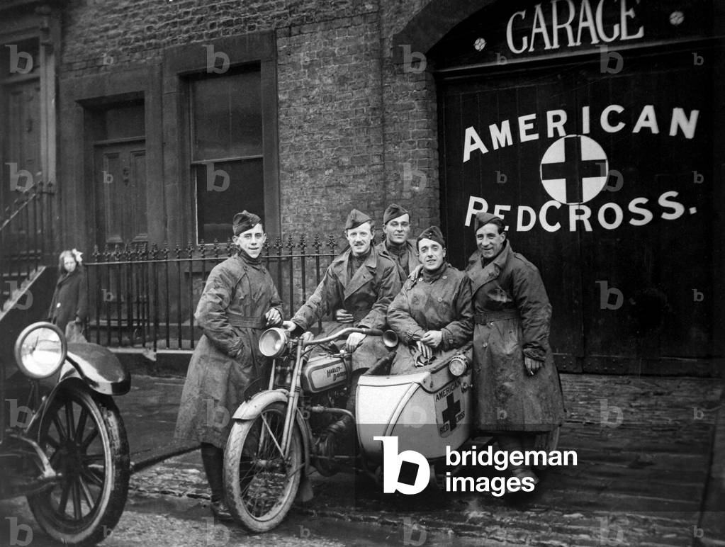 American Red Cross emergency responders with their Harley Davidson motorcycle and sidecar in Britain. World War I. c. 1918