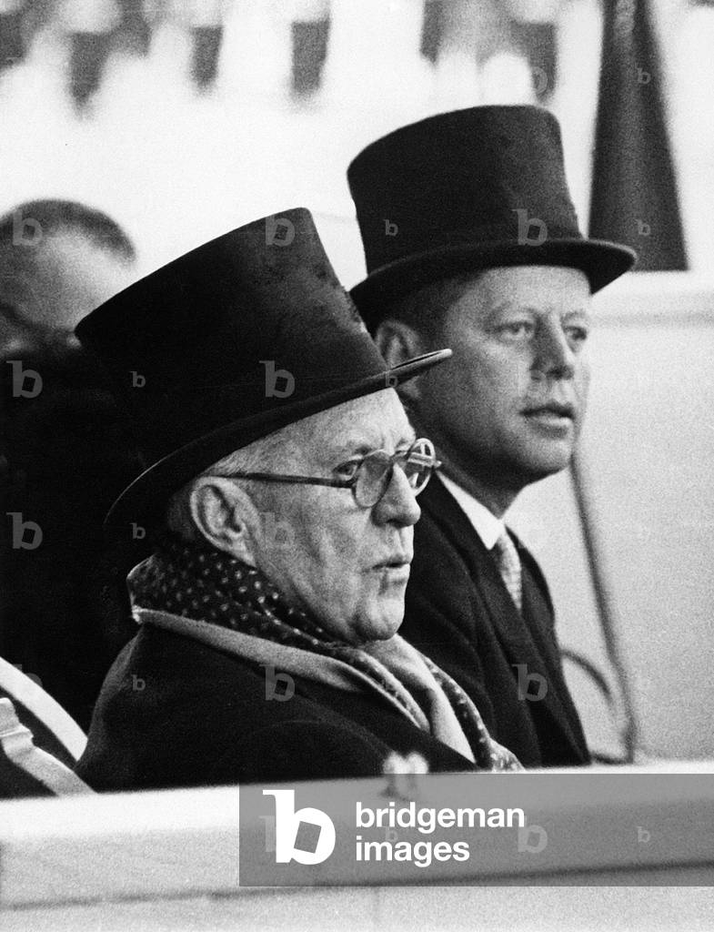 John F. Kennedy and his father, Joseph Kennedy, just before JFK was sworn in at his Inauguration, 1961 (photo)