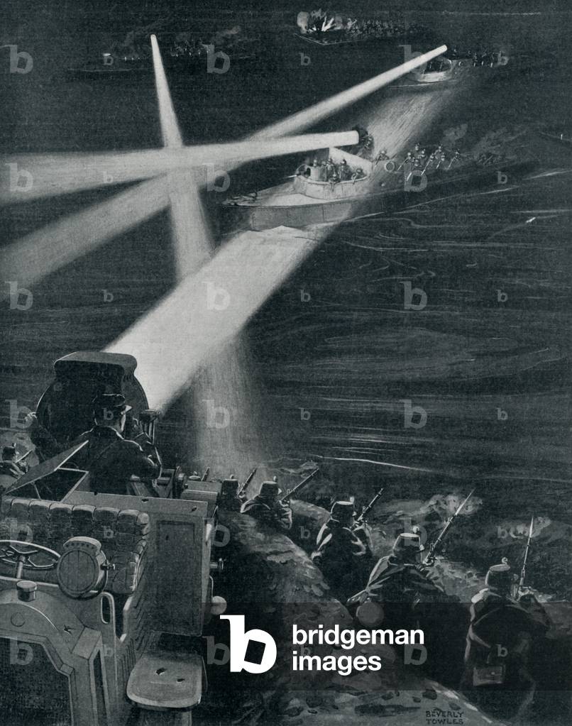 World War 1. Night attack by German Armed motor boats on a flooded section of Flanders. 1914