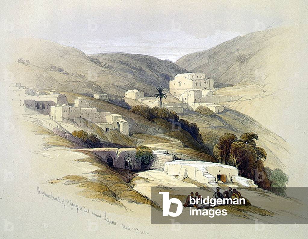 Religion, 4th century Church of St George at Lydda, color lithograph ca 1839