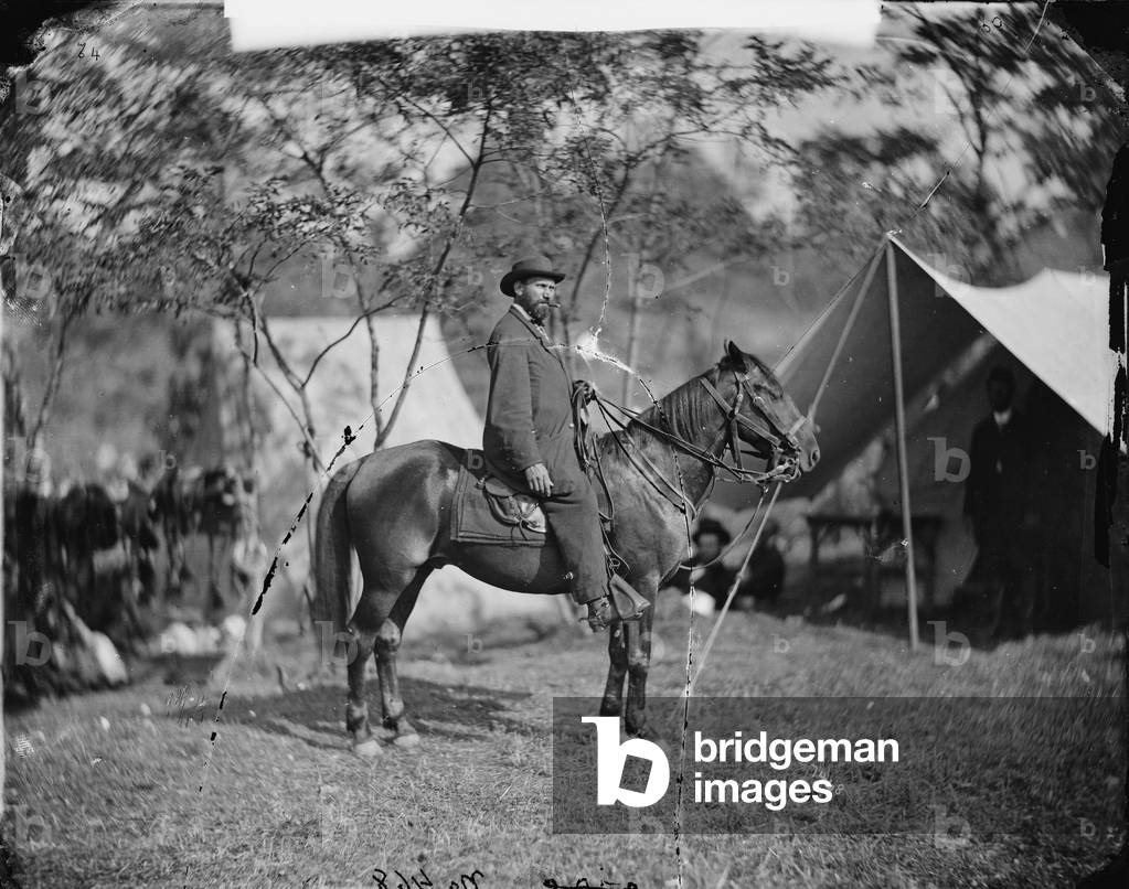 The Civil War, Antietam, Md. Allan Pinkerton, (E.J. Allen) of the Secret Service, on horseback, photograph from the main eastern theater of the Civil War, Battle of Antietam, September - October 1862, from glass negative, by Alexander Gardner, September, 1862