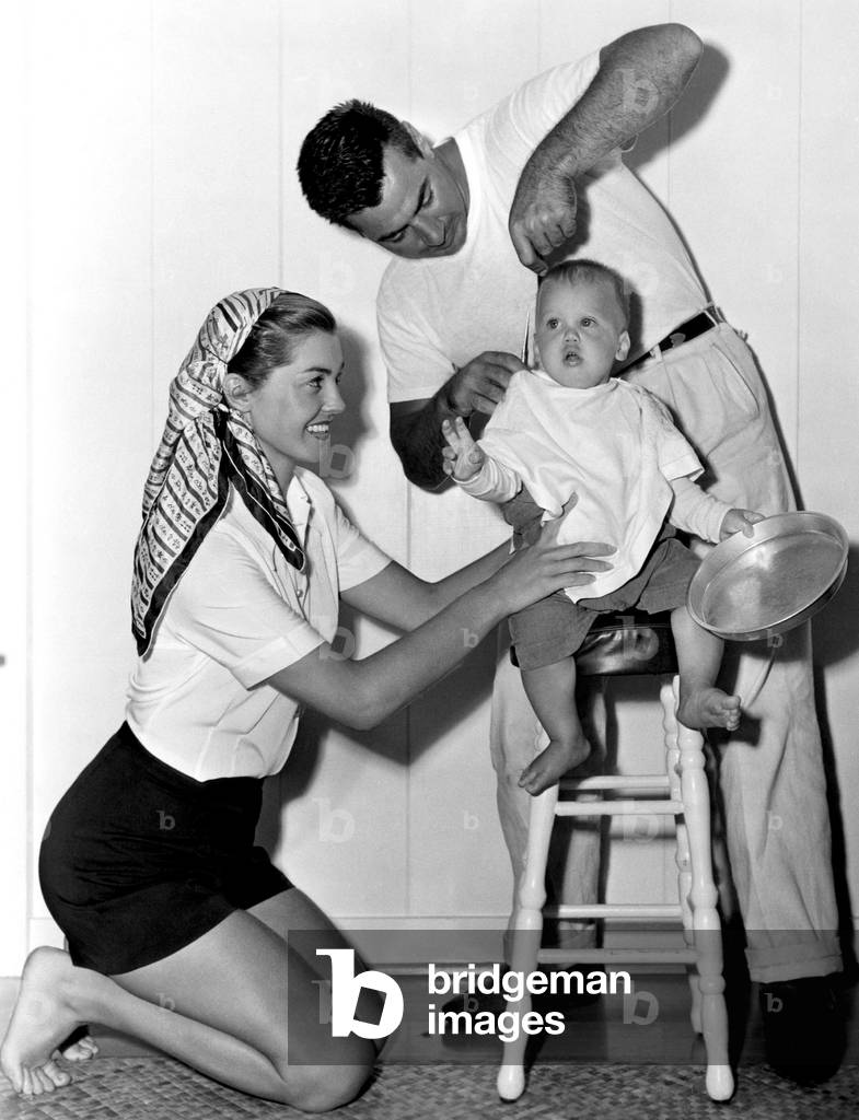 Competitive swimmer and actress Esther Williams (left), with husband Ben Gage, and son Ben Gage Jr., 1950.