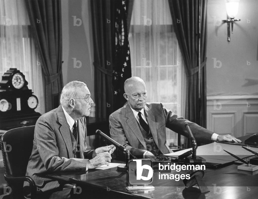 President Eisenhower introduced Sec. of State John Foster Dulles, who discussed the Suez crisis. Television and Radio broadcast from the Oval Office on Aug. 3, 1956.